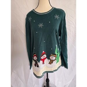 Womens XXL Green Snowman Christmas Sweater Long Sleeve Acrylic